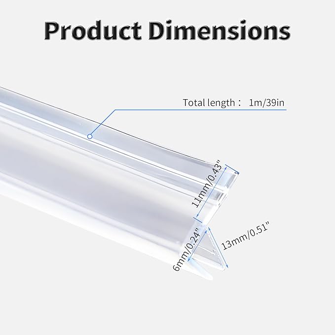 Shower Door Side Seal Strip,39 Inch F-Type Frameless Shower Door Seal, F-Type Shower Door Sweep for 1/4"(6mm) Thick Glass