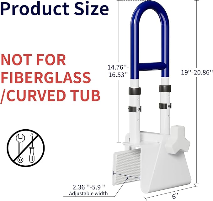 Bathtub Safety Rail-Shower Grab Bars for Seniors, Elderly and Disabled, Adjustable Handle Height Range 14-18 Inches, Bathroom Safety Rails Non-Slip Grip, Supports 300 lbs