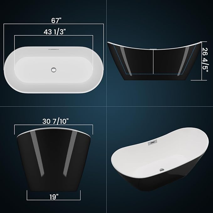67''Acrylic Freestanding Bathtub, Soaking Tub, Stand Alone Bathtub with Chrome Drain and Overflow, Modern Deep Upright Bath Tub for Bathroom, Easy Clean, Elegant Style, Black