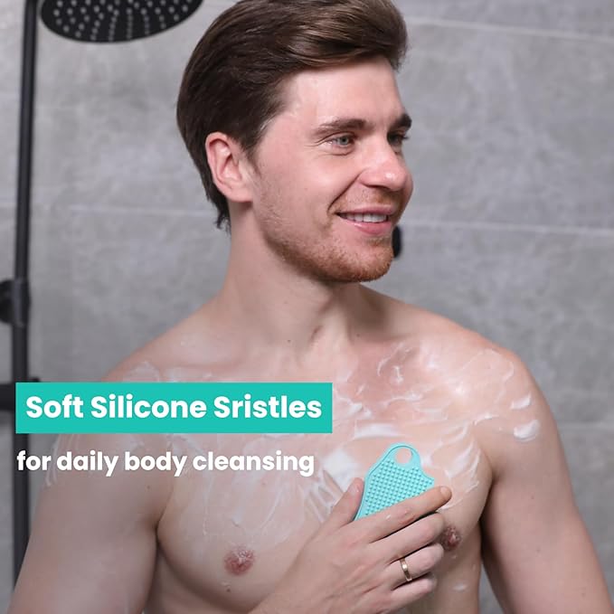 Silicone Body Scrubber Silver-Infused Dual-Sided 3-in-1 for Shower, Body Cleaning+Massage+Exfoliator Body Brush Buffer for Men and Women, Silicone Loofah, Non-Slip Handle (Mint Green)