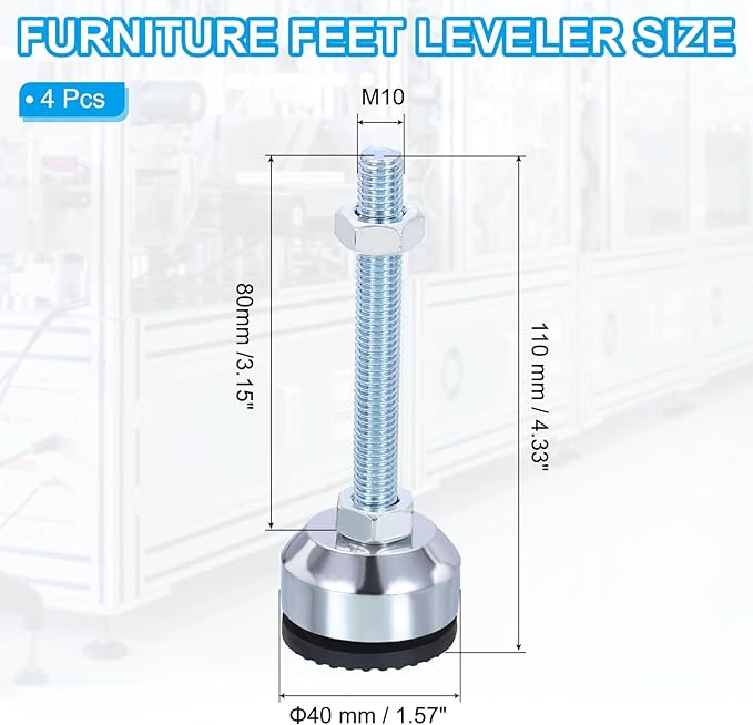 PATIKIL Furniture Leveling Feet 1.6" Dia Base M10 Thread, 4 Pcs Carbon Steel Adjustable Threaded Furniture Levelers Screw on Leg Leveler with Pads for Desk Chair, Black