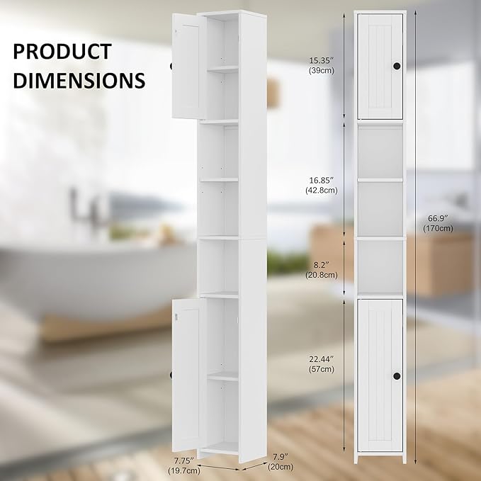 RRX Tall Slim Bathroom Storage Cabinet with 2 Doors,Adjustable Shelves,7.87''L*7.87''W*67''H, Narrow Cabinet with Anti-Tip for Toilet Paper Corner,Small Spaces, Kitchen,Bathroom (Milky White)
