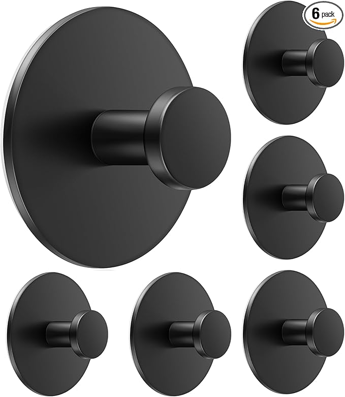Towel Hooks for Bathroom Wall - Extra Sticky Stainless, Holds up to 12LB, Coat Hooks Wall Hooks, Adhesive Door Holder Hanger Shower Accessories, Matt Black Heavy Duty, 6 Pack