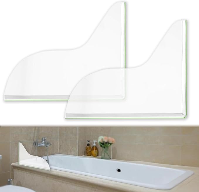 Splash Guard for Bathtub, Clear Bathtub Splash Guard Self-Adhesive Shower Tub Corner Splash Guard to Keep Water in Shower or Bath Can Be Used in Washbasin Tubs Sinks - Pack of 2