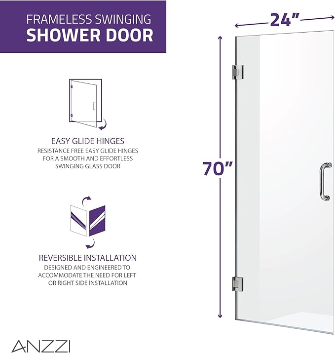 ANZZI 70" x 24" Frameless Shower Door in Matte Black,Water Repellent Glass Shower Door with Seal Strip Parts and Handle, 5/16 Glass Hinged Shower Door with Handle (SD-AZ09-01MB)