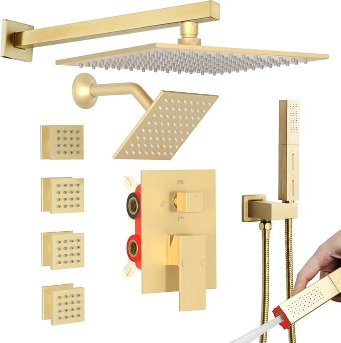 Enga Shower Faucet Set, Dual Shower Head System with Body Jets, 10" & 6" Rain Showerheads with 4 Jets, 2 in 1 Handheld Spray, 4 Way Shower Diverter, Brushed Gold