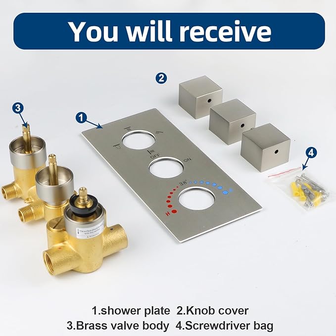 HOMEDEC Solid Brass 4 Outlets Shower Diverter Valve, Thermostatic 4-Way 3 Handles Control Shower Mixing Valve Trim Kit Rough In Replacement, Brushed Nickel