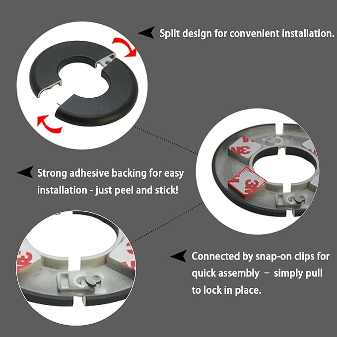 Wall Split Flange 1 Piece, Pipe Cover Decoration Fit 1.1 inch Outer Diameter Pipe, ABS Round Self-Adhesive Escutcheon Plate, Buckles Design Split Plumbing Cover Plates, Black (28mm)