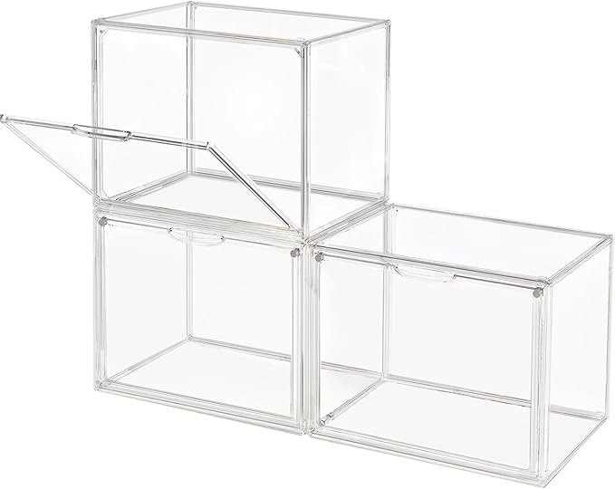 Clear Stackable Plastic Storage Bins with Magnetic Lid, Dustproof Book & Cosmetic Display Cases, Large Figures Collectibles Showcase, Shoe Box, Protection Organizer (L, Count, 3)