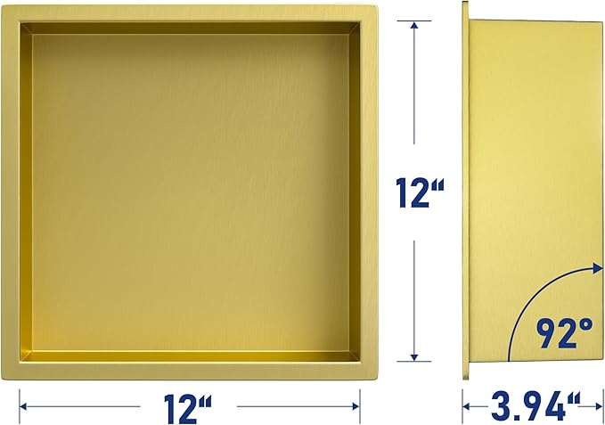 Stainless Steel Shower Niche 12" X 12" Gold No Tile Needed Niche Shower Recessed Wall Niches for Bathroom Storage Over Mount Installation