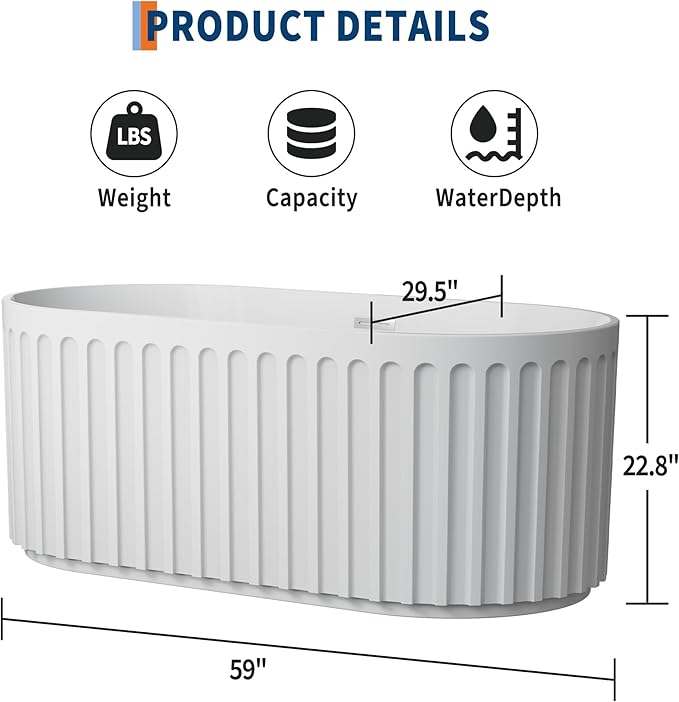 59" Freestanding Bathtub, Deep Soaking Tub with Non-Slip Base, CUPC Certified Stand Alone Tub, Modern Bathroom Soaker Tub with Chrome Drain, Easy Install, White