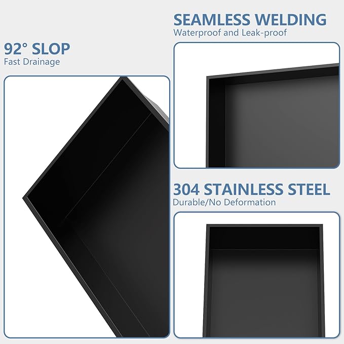 Homevacious 24" X 12" X 4" Stainless Steel Shower Niche No Tile Needed Matte Black Bathroom Shelf Rimless Recessed Wall Niche for Bathroom Storage