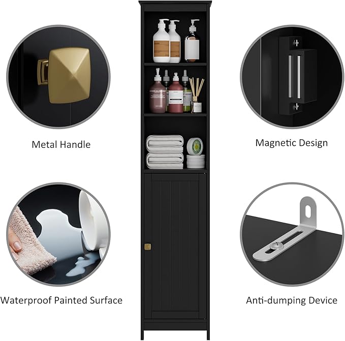 RRX Tall Bathroom Storage Cabinet,Slim Bathroom Cabinet with Door &Shelf,13.8" L*12.6" W*63.4" H,Freestanding Narrow Cabinet with Anti-Tip,Storage for Kitchen,Entryway (Black)