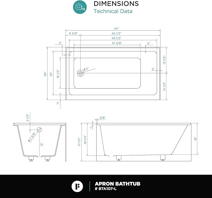 Fine Fixtures Acrylic, Fiberglass Alcove Soaking Bathtub with Integral Apron Front - Drain Included (54" x 30", Left Hand, White)