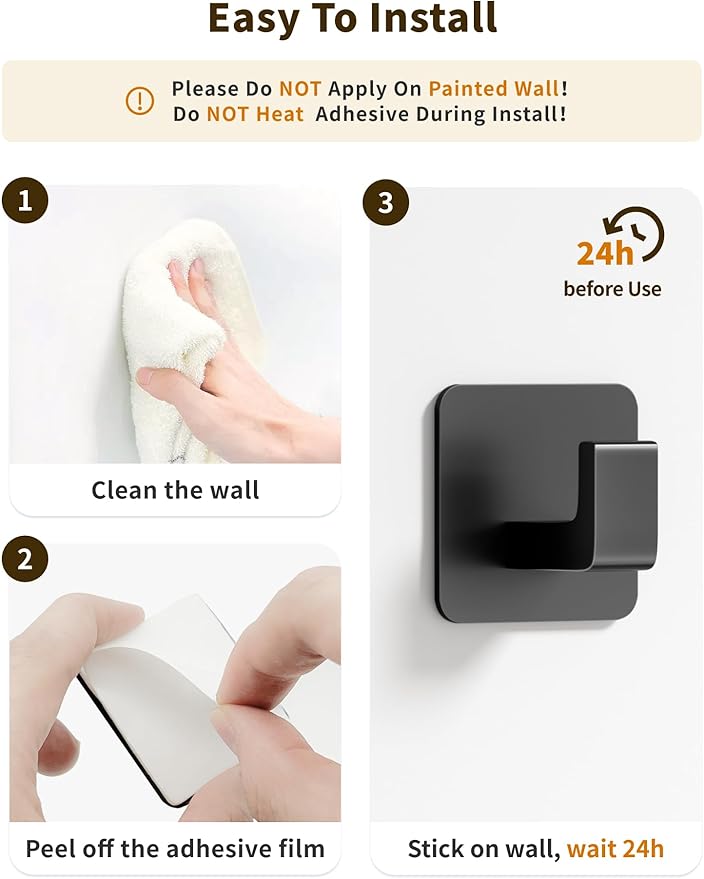 Square Self Adhesive Towel Hooks - 2 Pack Matte Black Metal Hooks, Right-Angle Design for Towels, Robes & Hats, Organize Bathroom, Kitchen, Entryway, Doors, Cabinets on Smooth Surfaces