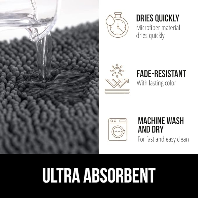 GORILLA GRIP Bath Rug Mat 30x20, Soft Absorbent Chenille, Quick Dry Microfiber Mats, Rubber Backing Washable Shower Floor Rugs, Bathmat Runner, US Designed Bathroom Home Decor Accessories Charcoal