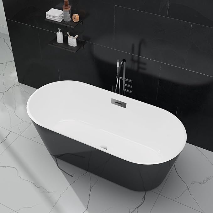 Freestanding Bathtubs 67 Inch Acrylic Freestanding Bathtub – Black & White Free Standing Tub with Chrome Drain & Overflow, Ergonomic Oval Soaker Tub for Family Bathroom