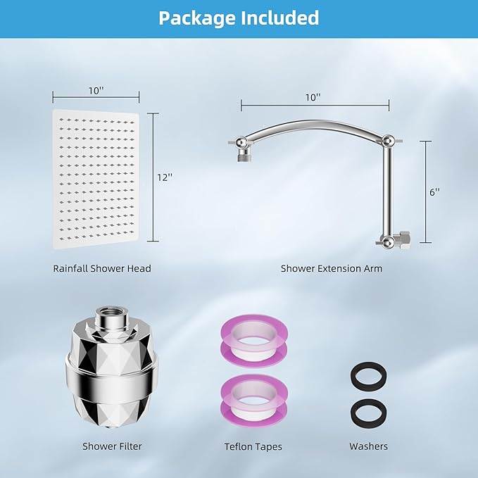 Hibbent All Metal Rain Filtered Shower Head, 12'' High Pressure Rainfall Showerhead with 16" Shower Head Extension Arm, 20 Stage Shower Filter, Solid Brass Adjustable Shower Arm Extender, Chrome