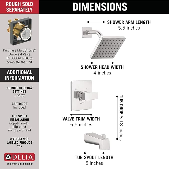 Delta Faucet Modern Single-Handle Chrome Tub and Shower Trim Kit, Shower Faucet with Single-Spray Touch-Clean Shower Head, Chrome T14467-PP (Valve Not Included)