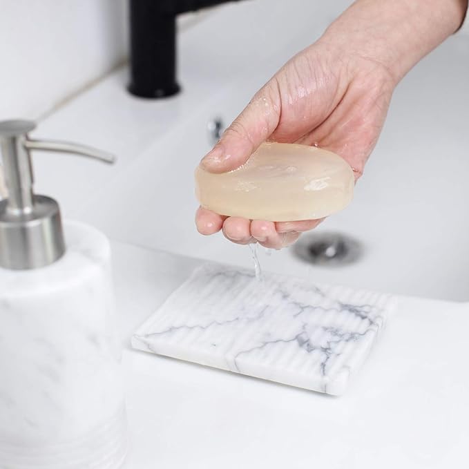 White Marble Soap Dish Holder Jewelry Ring Tray Sink Dish Sponge Holder for Bathroom Shower, and Kitchen
