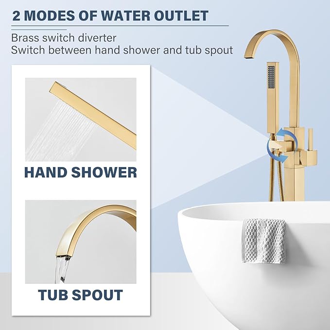 Freestanding Bathtub Faucet Floor Mounted Tub Filler Brushed Gold Single Handle 360 Swivel Standing Spout High Flow Brass Bath Tub Faucets Set