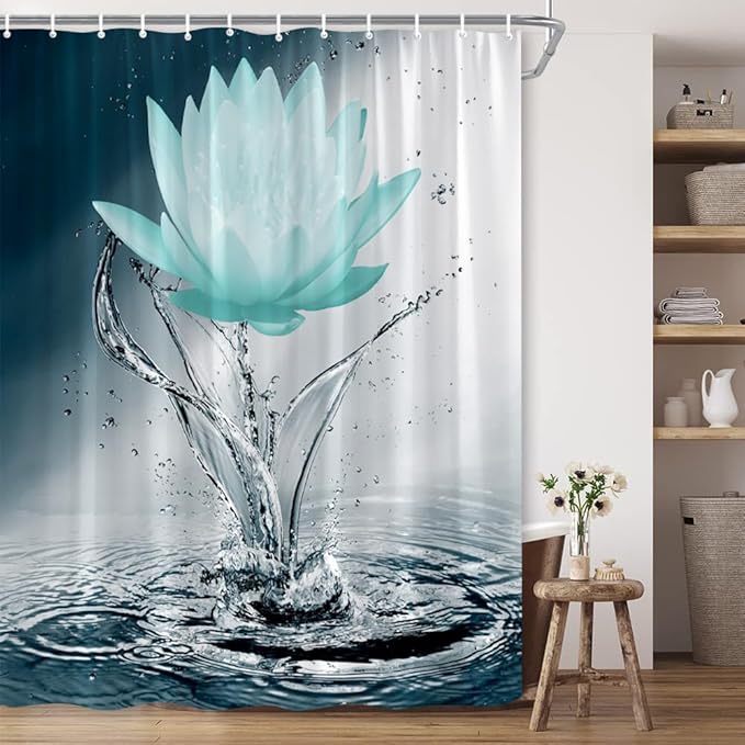 Lotus Shower Curtain Black White Blue Teal Flower Elegant Blooming Floral with Dew Spring Flower Reflection on Water Modern Romantic Polyester Fabric Bathroom Decor 36×70 Inch with Hook