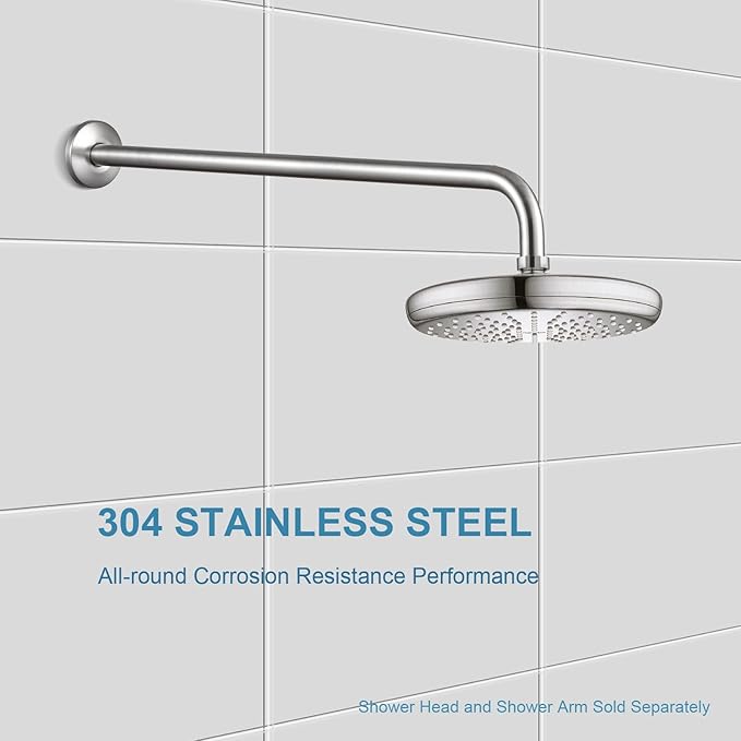 OFFO Shower Arm with Flange, 24 in Brushed Nickel Wall Mount Replacement Angle Shower Head Arm Wall-Mounted For Fixed Shower Head & Handheld Showerhead