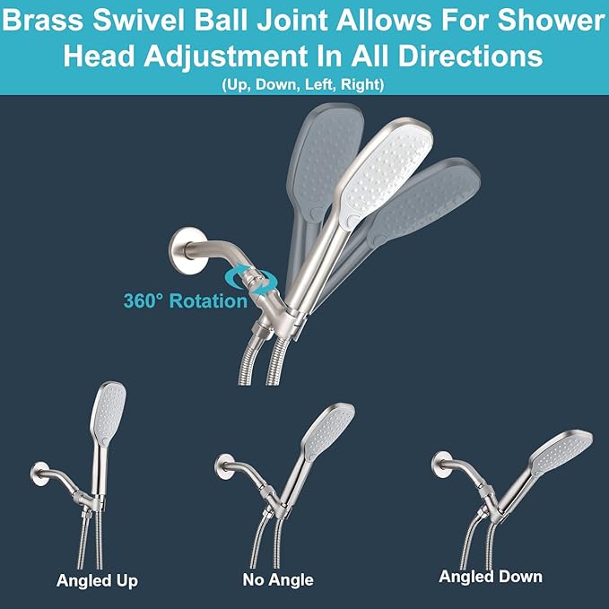Shower Head Holder All Metal Adjustable Handheld Shower Arm Mount, 1/2" Shower Hose Holder Fits Most Hand Showerheads, Brass Hand Held Shower Head Holder , Easy to Install(Brushed Nickel)