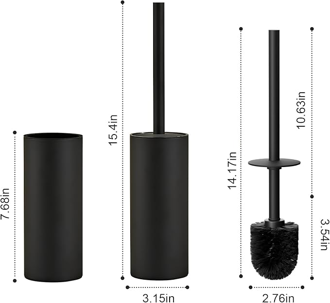 304 Stainless Steel Toilet Bowl Brush and Holder Set, Circular Floor Toilet Brush Holder, Long Handle, Bathroom Heavy-Duty Cleaner, High-End Cylinder Wall，2 Brush Head (Black) YIGUANXIN