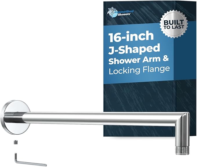 HammerHead Showers® Solid Metal 16 Inch Extended Shower Arm and Flange with Set Screw, Long Shower Arm, Extends Rain Shower Overhead, Wall-Mounted Rain Shower Arm, Chrome