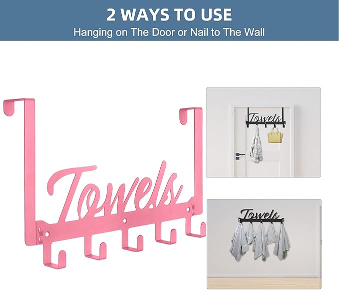 Over The Door Hooks, Towel Rack for Bathroom Towel Holder for Hanging Heavy Duty, Over Door Hanger with 5 Coat Hooks for Bedroom Bathroom Kitchen Towels, Pink