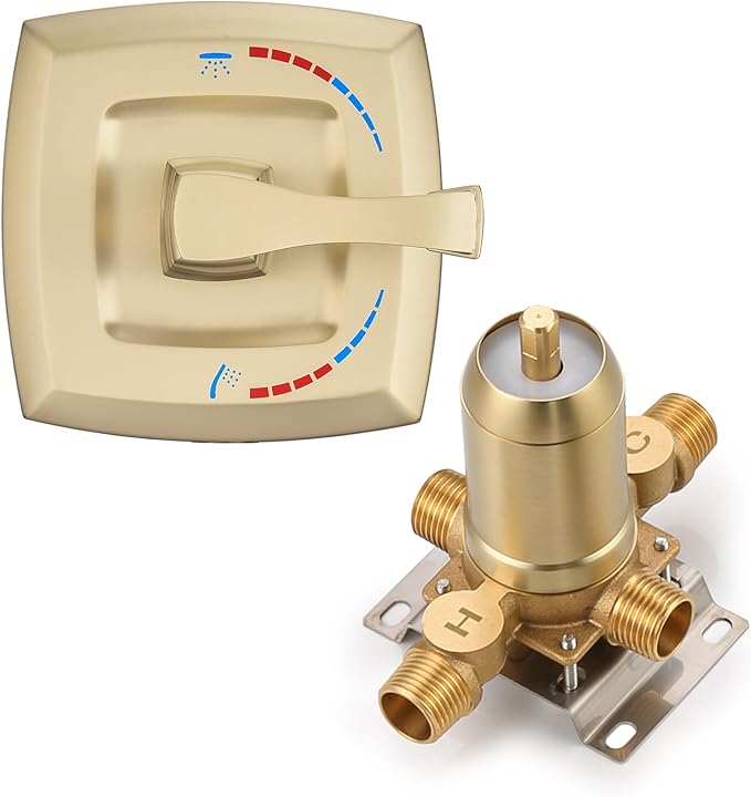 Brushed Gold Shower Mixer Valve 2 Way Diverter, Dual-Function Pressure Balance Shower Control Brass Rough-In 1/2" NPT Connection with Single Handle Shower Trim Kit