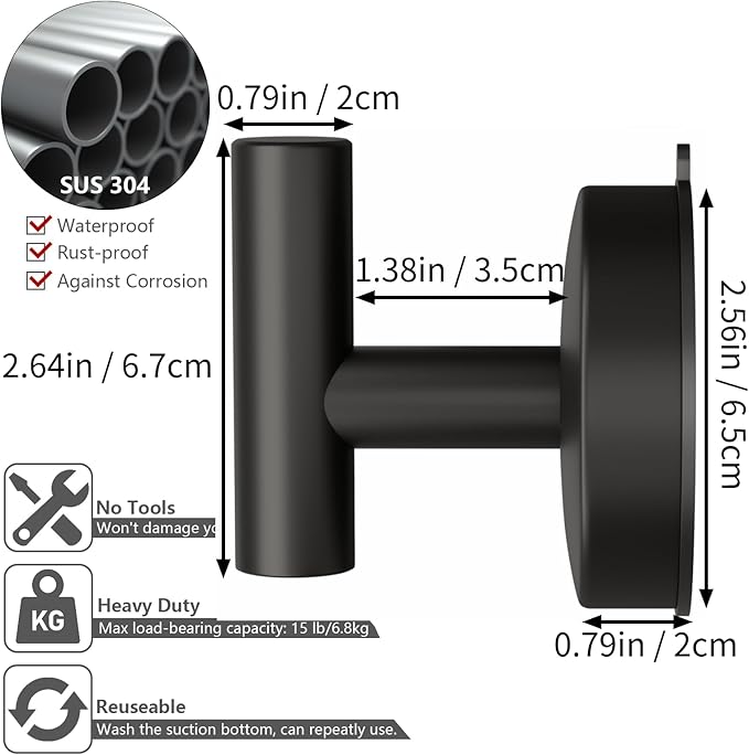 DGYB Large Suction Cup Hooks for Shower Set of 4 - Black Towel Hooks for Bathrooms - Stainless Steel Removable Wall Hooks - 15 Lb Heavy Duty Hanging