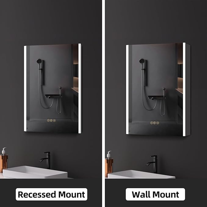 Medicine Cabinet with LED Lights and Mirror, 24 x 36 Inch Surface or Recessed Mounted Bathroom Cabinets with Door, Defogger, Memory Function, 3-Color Mode, Outlet&USB, Dimmer, Storage Shelf