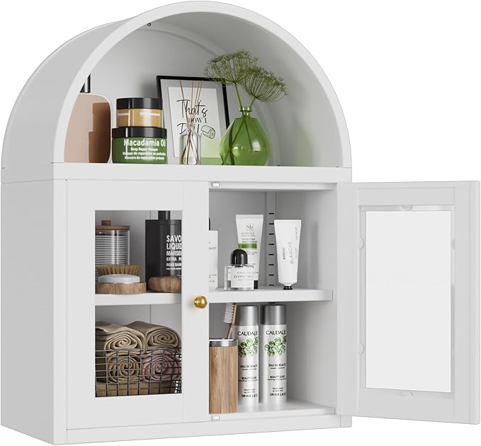 Arched Wall Cabinet, Bathroom Wall Mounted Cabinet with Glass Display Doors, Adjustable Shelves for Bathroom, Living Room, Dining Room, Laundry, Kitchen