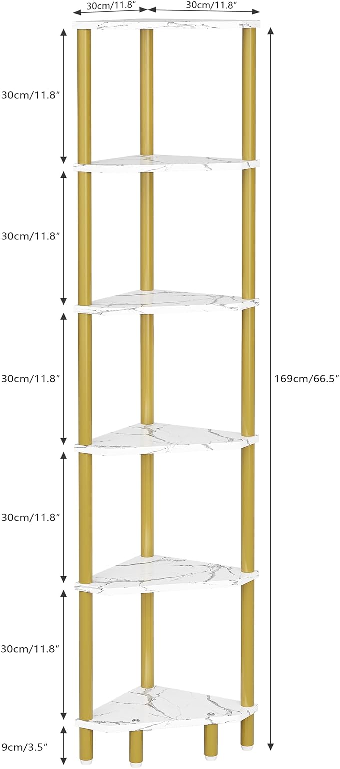 6 Tier Corner Shelf, 66.5'' Tall Standing Shelf, Narrow Display Shelf Stand, Modern Corner Bookshelf, Plant Stand, Corner Bookcase for Living Room, Bedroom, Bathroom, Gold and White LCS502GC