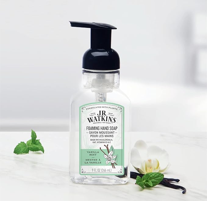 J.R. Watkins Foaming Hand Soap Pump with Dispenser, Moisturizing Hand Soap Foam, Alcohol-Free and Cruelty-Free, Use for Kitchen or Bathroom, Vanilla Mint, 9 fl oz, 3 Pack