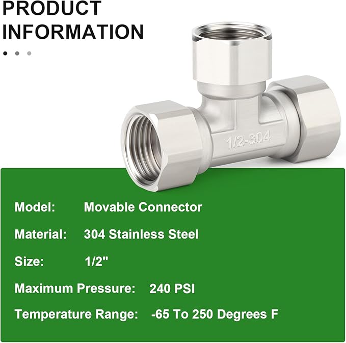 TAISHER 2PCS 304 Stainless Steel 3 Way 3 Ends Flexible Movable Tee Connector, 1/2" for Sprayer, Angled Valve, Shower Arm