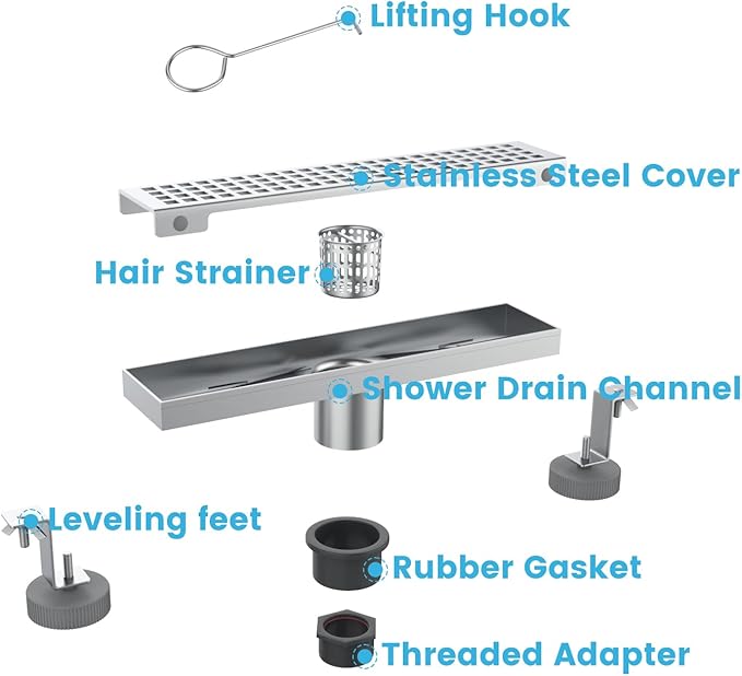 12 Inch Rectangular Shower Floor Drain, Brushed Nickel High Flow Shower Drain Kit with Flange with Hair Filter, Removable Grate Cover, 304 Stainless Steel, Abs Fixing Tray (Brushed)