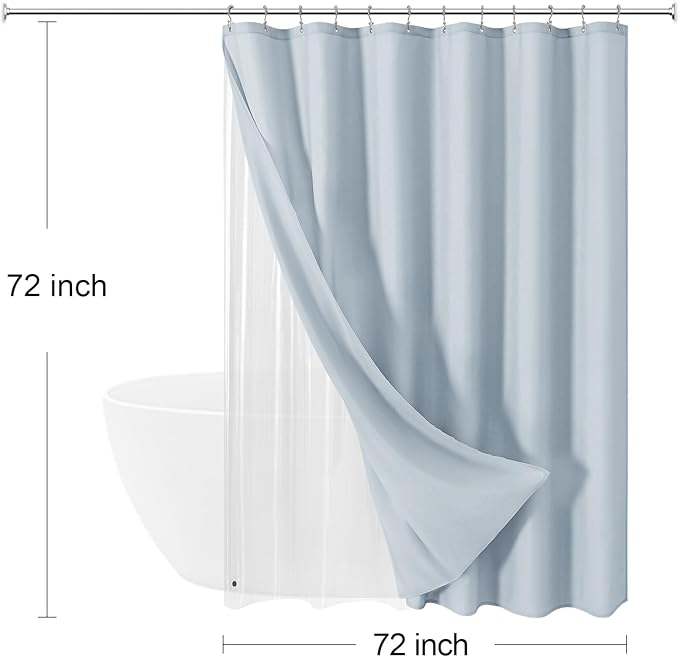 MitoVilla 3 in 1 Shower Curtain Set, FogBlue Boho Farmhouse Linen Textured Bath Curtain and Clear PEVA Liner Set with 12 Double Sided Steel Hooks, Waterproof Fabric Hotel Bathroom Curtain - 72x72