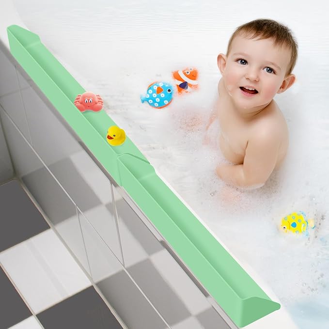 Splash Guard for Bathtub, 3.8" x 3.6" Silicone Bath Tub Splash Guard with 6 Suction Cups, Bathtub SplashGuard Play Shelf Area for Kids with 3°Drainage Slope for Faster Drying - 2 Packs Green