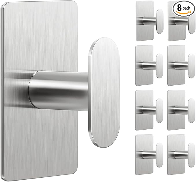 pickpiff Adhesive Towel Hooks for Bathroom: 20LB Extra Strong Wall Hanger for Shower Kitchen RV Dorm Apartment, Silver 8 Pack