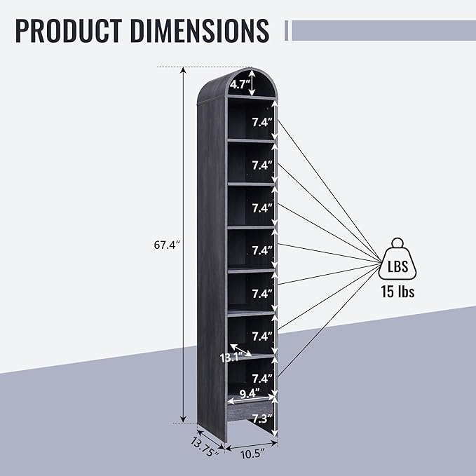 67" Tall Arched Bathroom Storage Cabinet, 8-Tier Modern Farmhouse Storage Cabinet with Adjustable Shelves, Wood Freestanding Cabinet for Bathroom, Living Room, Entryway, Hallway (Dark Grey)