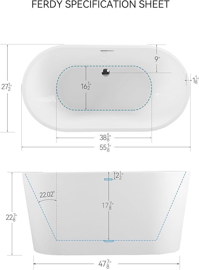 FerdY Luzon 55" Acrylic Freestanding Bathtub, Classic Oval Shape Soaking Bathtub with Toe-Tap Chrome Drain and Classic Slotted Overflow Included, Modern White, cUPC Certified