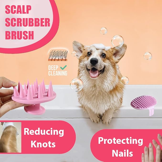 Dog Bath Brush Bathing Kit 5PCS - Pet Washing Brush, Dog Brush for Shorted Haired Dogs, Dog Scrubber for Bath, Scalp Scrubber Hair Bath Brush Set Pink