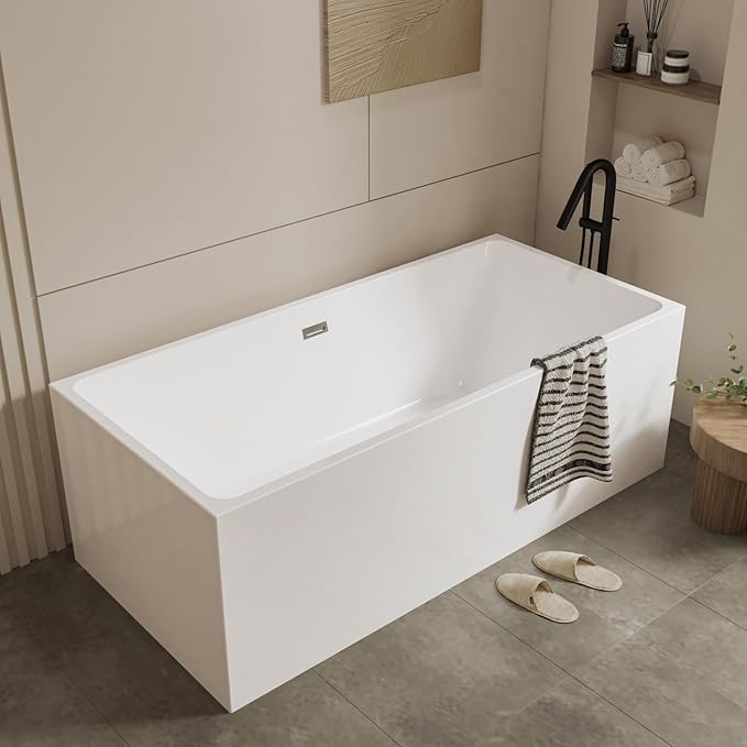 67" Free Standing Tub, Acrylic Soaking Bathtub, Stand Alone Freestanding Tub with Matte Sliver Drain and Overflow, Contemporary Bathtub for Bathroom, White