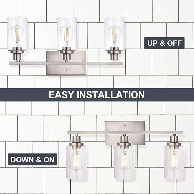 Bathroom Light Fixtures 3-Lights Seeded Glass in Brushed Nickel Finish, 23.6-Inches Vanity Lighting Bath Wall Mount Lamp for Kitchen Living Room Workshop