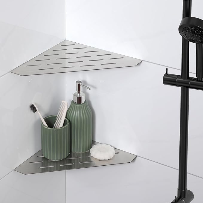 Recessed Corner Shower Shelf, 10" SUS304 Stainless Steel, Heavy Duty Shower Shelf, Grout in Bathroom Shelves for Tile Walls (2 Pack, Rectangle-Brushed)