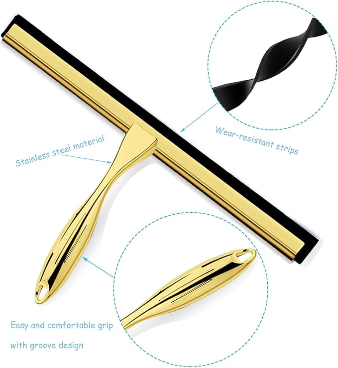 Shower Squeegee for Glass Doors, 12 Inches Bathroom Squeegee with Spare Silicone Blade, Shower Door Hook and Adhesive Hook, Stainless Steel Bathroom Squeegee for Mirror Window (12in-Gold-1 Pack)