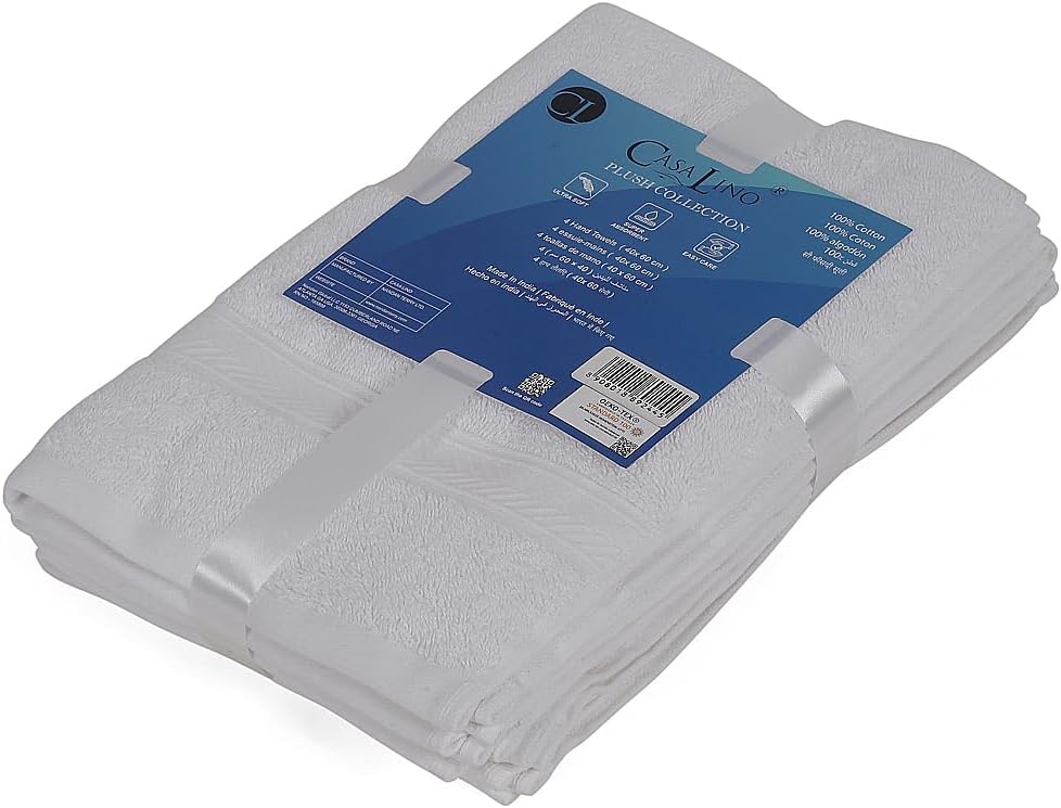 Casa Lino 100% Cotton Hand Towels for Bathroom - Soft, Highly Absorbent & Quick Dry Kitchen Towels - Gym Towel Set - Travel Towel Set - 24" x 16" - Pack of 4 - (White)